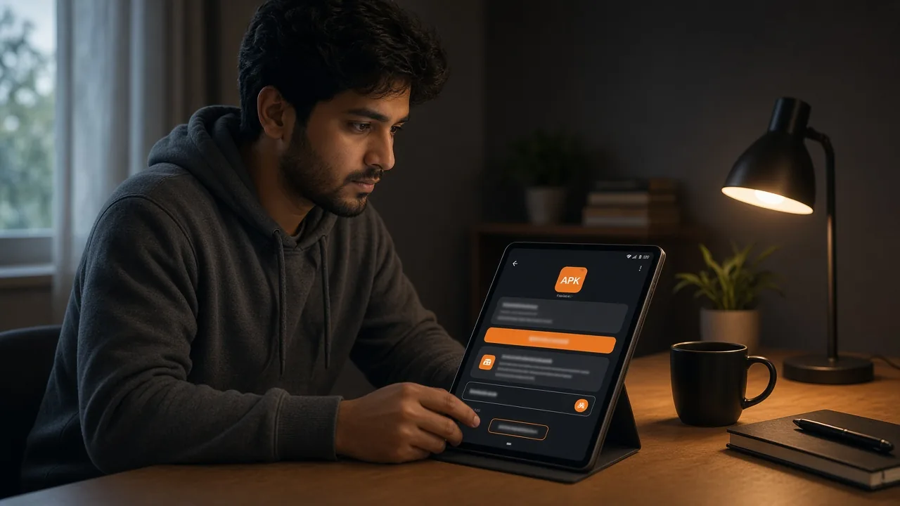 Android APK update screen with mobile support and transaction reference