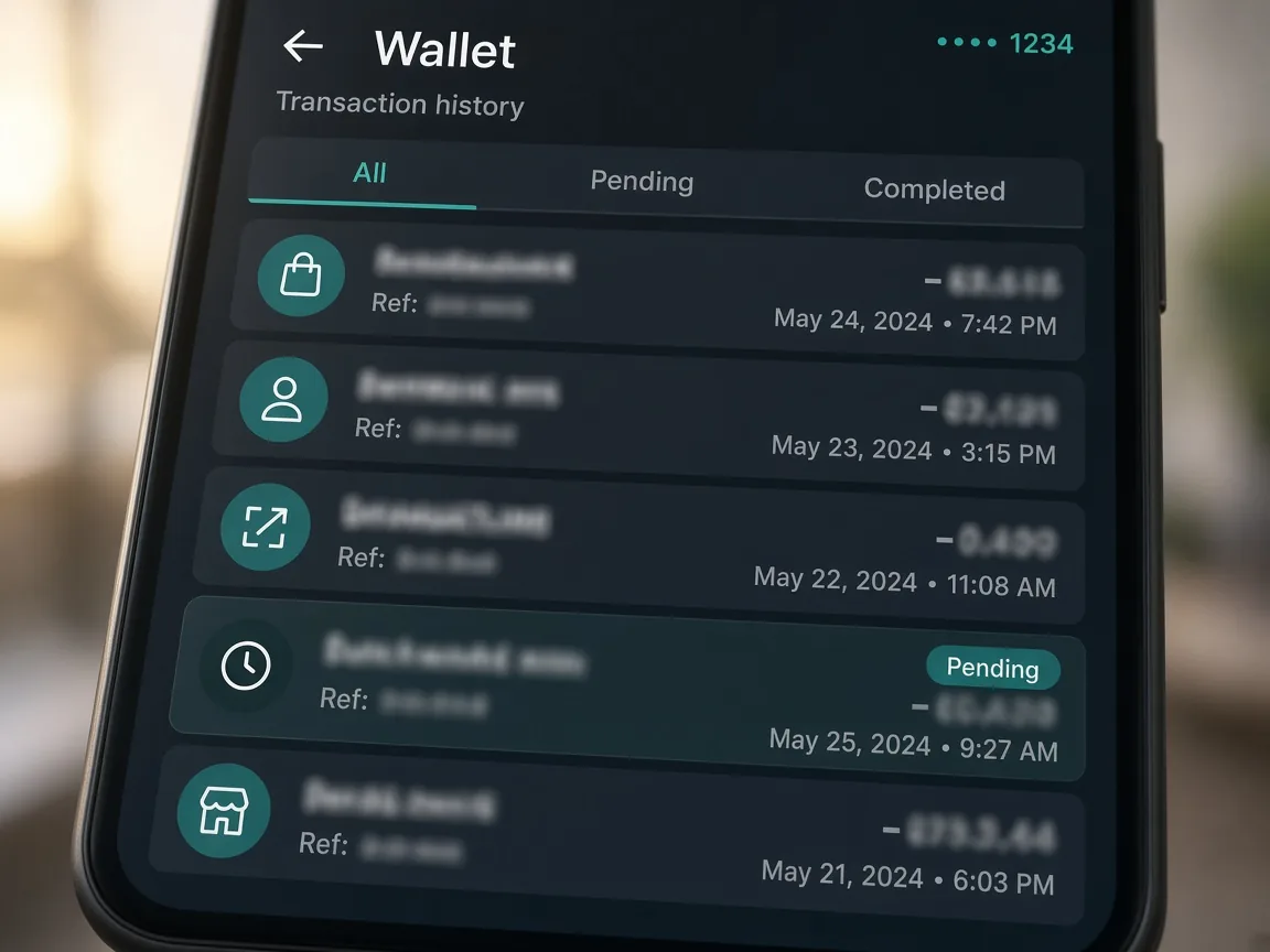 Pak Super wallet history showing a pending transaction on mobile